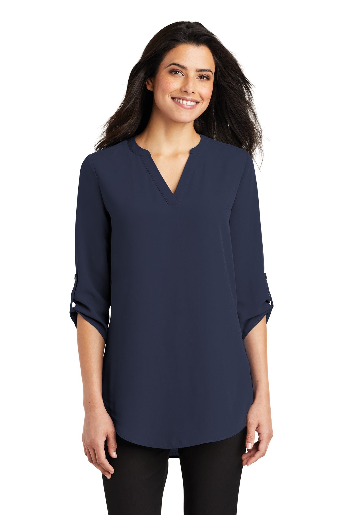 Custom True Navy Women's 3/4-Sleeve Tunic Blouse LW701, personalized by SanCanDo Swag in Argyle, TX