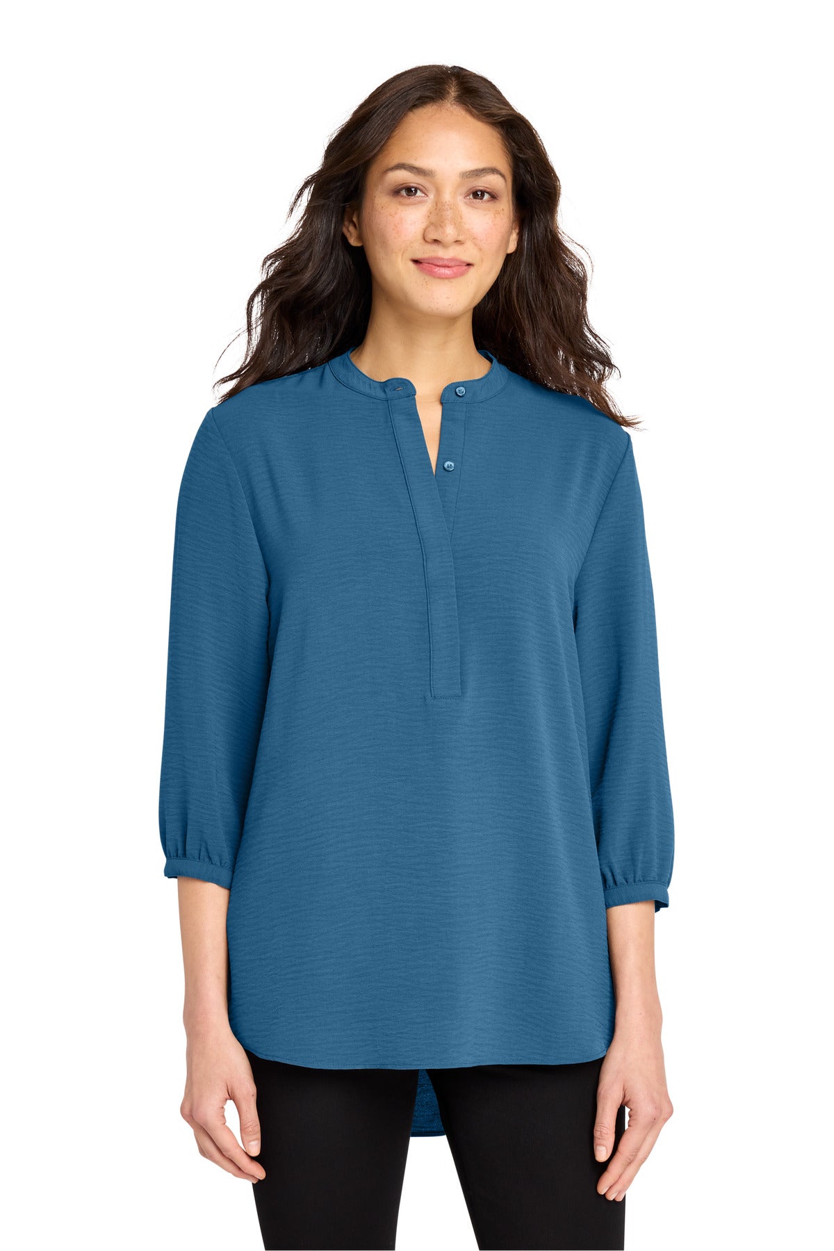Custom Aegean Blue Women's 3/4-Sleeve Textured Crepe Tunic LW713, personalized by SanCanDo Swag in Argyle, TX
