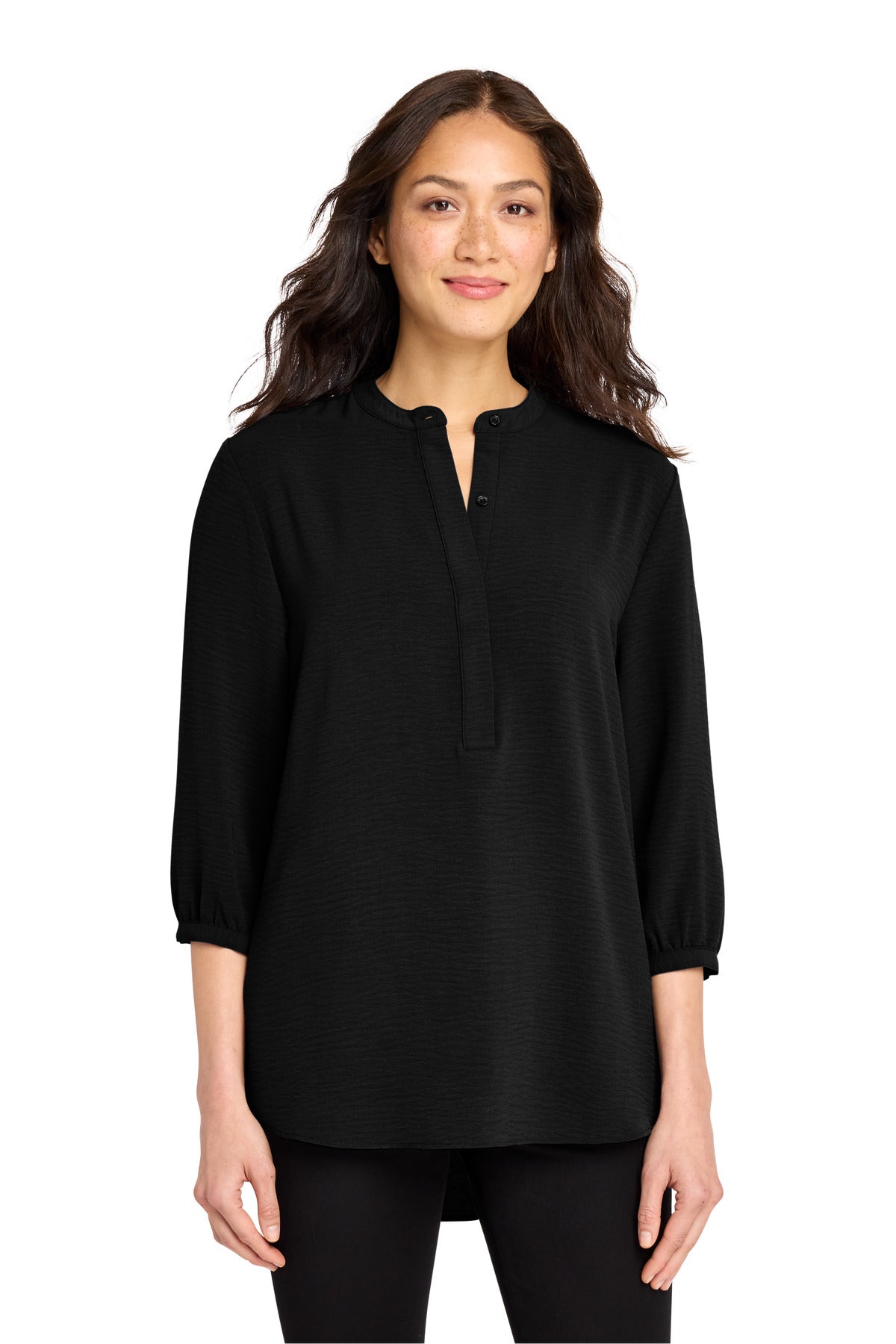 Custom Deep Black Women's 3/4-Sleeve Textured Crepe Tunic LW713, personalized by SanCanDo Swag in Argyle, TX