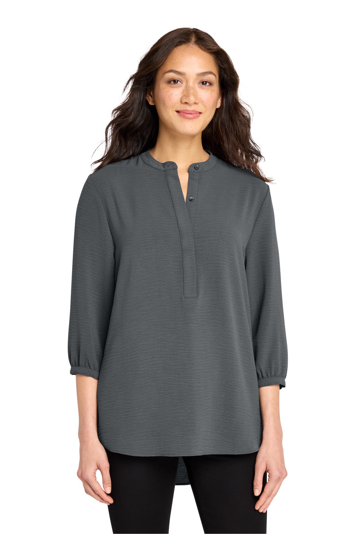 Custom Graphite Women's 3/4-Sleeve Textured Crepe Tunic LW713, personalized by SanCanDo Swag in Argyle, TX