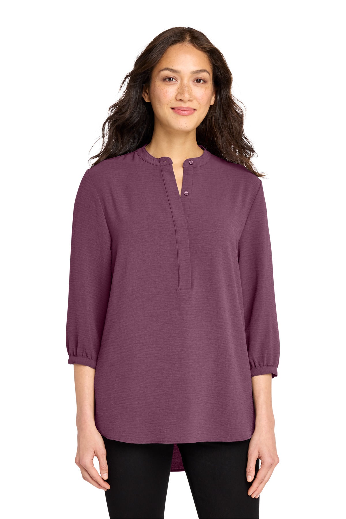 Custom Purple Mist Women's 3/4-Sleeve Textured Crepe Tunic LW713, personalized by SanCanDo Swag in Argyle, TX