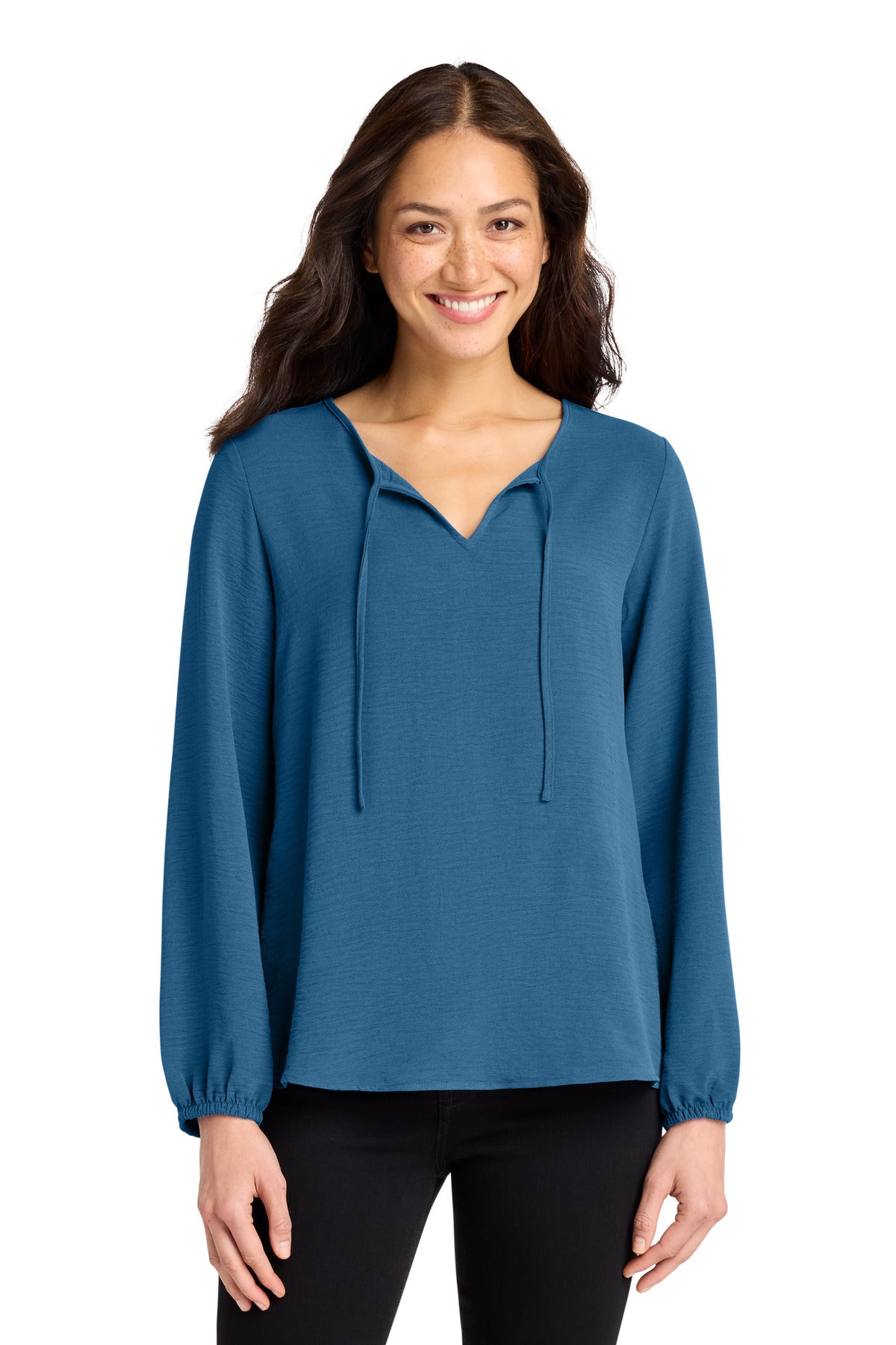 Custom Aegean Blue Women's Textured Crepe Blouse LW714, personalized by SanCanDo Swag in Argyle, TX
