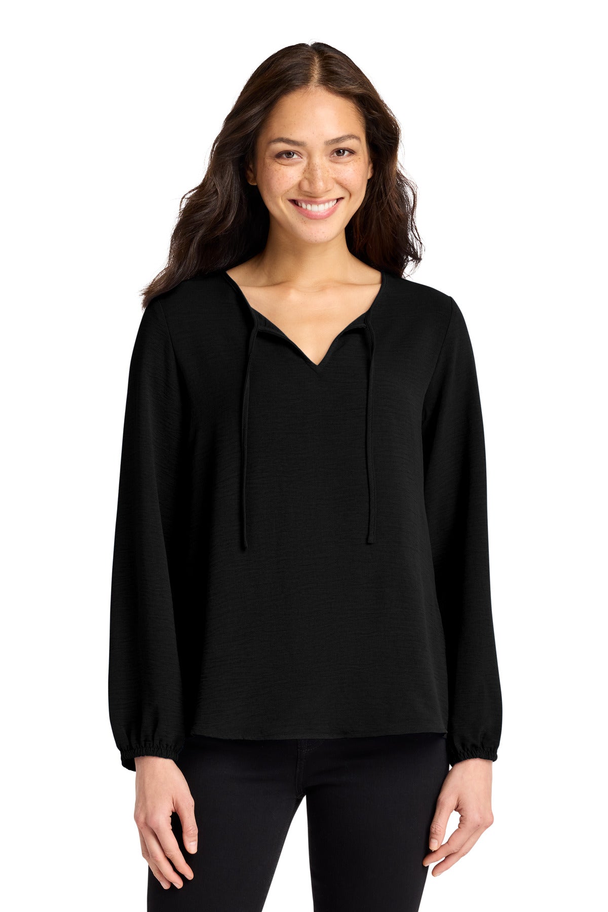 Custom Deep Black Women's Textured Crepe Blouse LW714, personalized by SanCanDo Swag in Argyle, TX