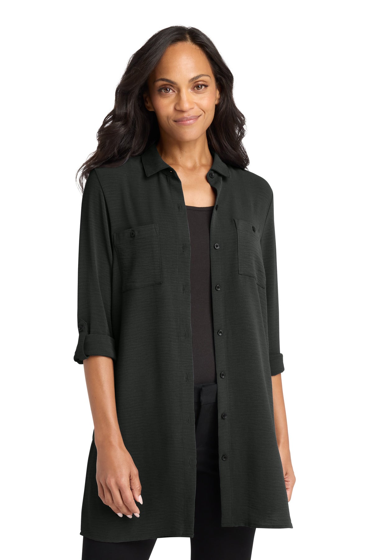 Custom Deep Black Women's Textured Crepe Long Tunic LW715, personalized by SanCanDo Swag in Argyle, TX