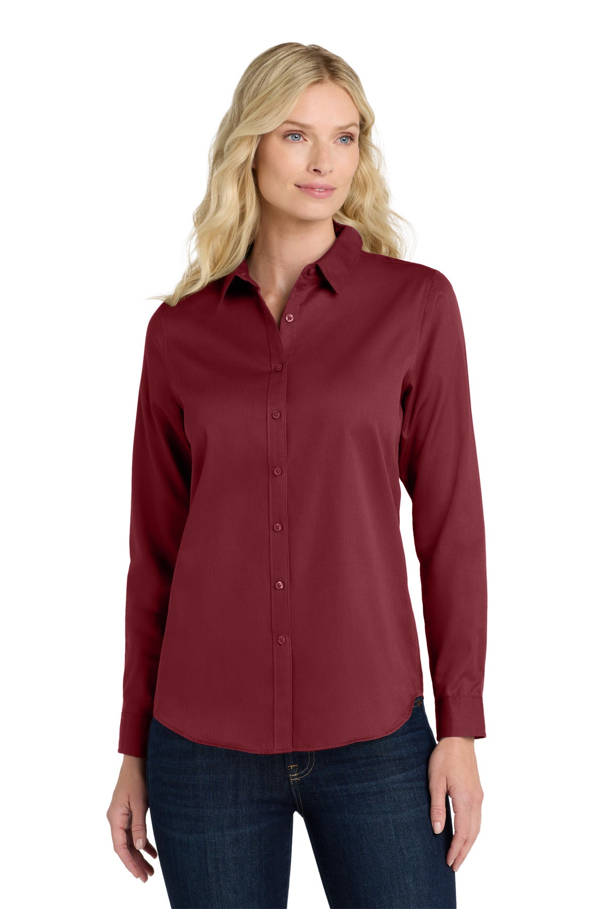 Custom Burgundy Long Sleeve SuperPro ReactTwill Shirt LW808, personalized by SanCanDo Swag in Argyle, TX