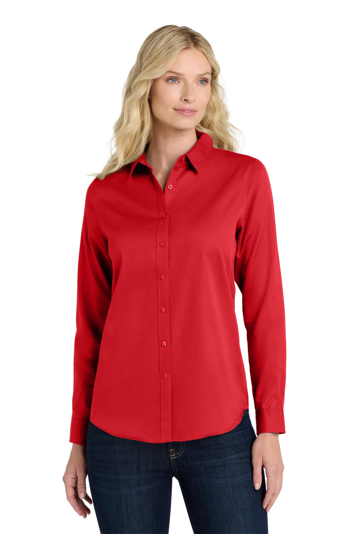 Custom Rich Red Long Sleeve SuperPro ReactTwill Shirt LW808, personalized by SanCanDo Swag in Argyle, TX