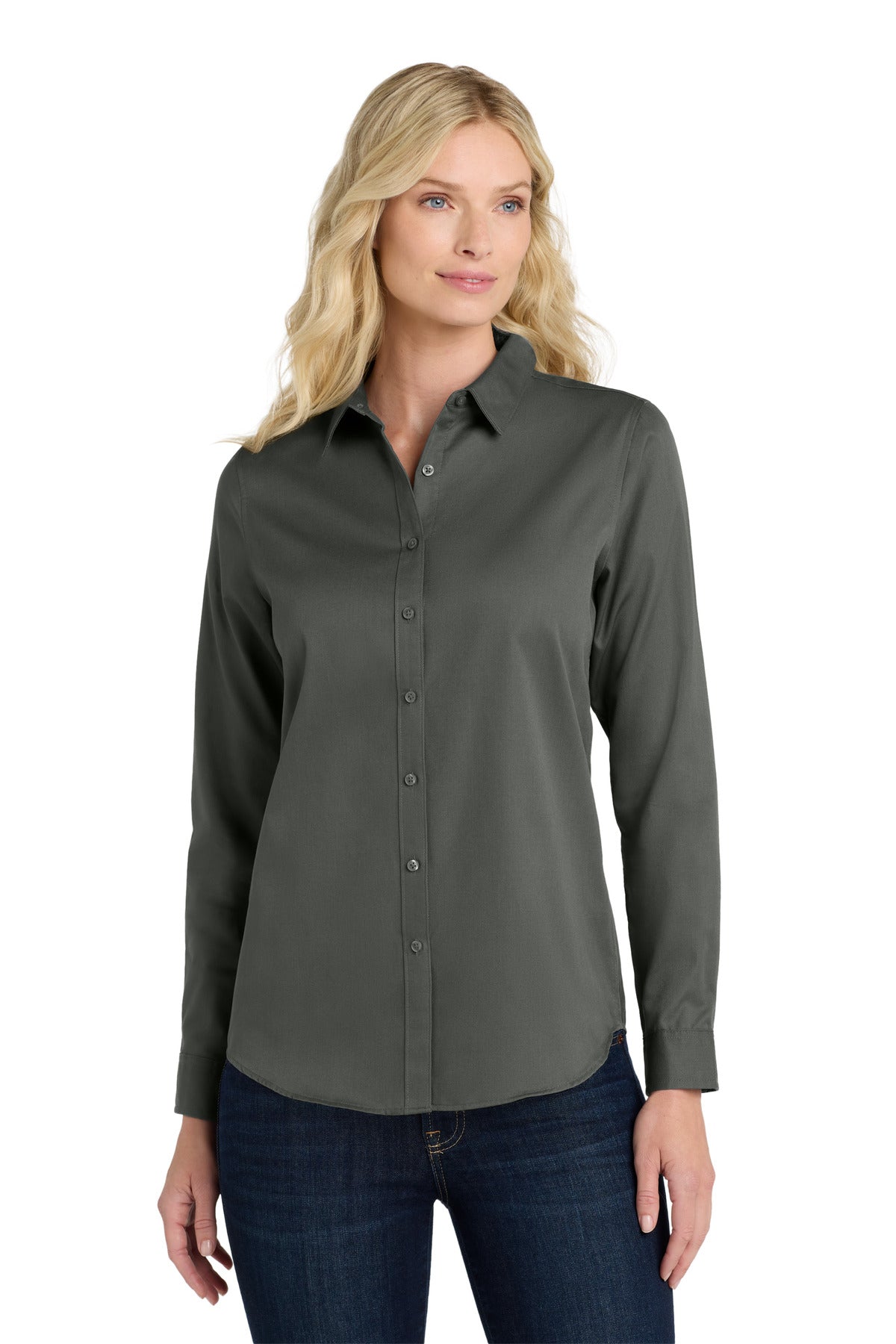 Custom Storm Grey Long Sleeve SuperPro ReactTwill Shirt LW808, personalized by SanCanDo Swag in Argyle, TX