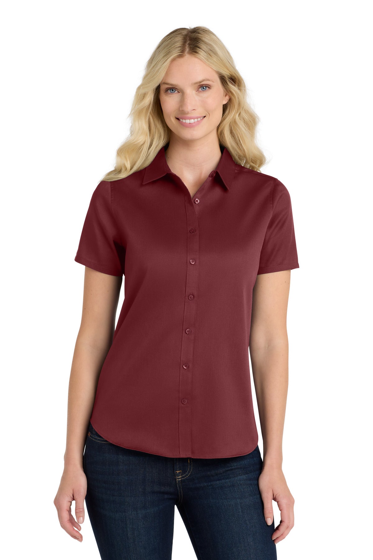 Custom Burgundy Short Sleeve SuperPro ReactTwill Shirt LW809, personalized by SanCanDo Swag in Argyle, TX