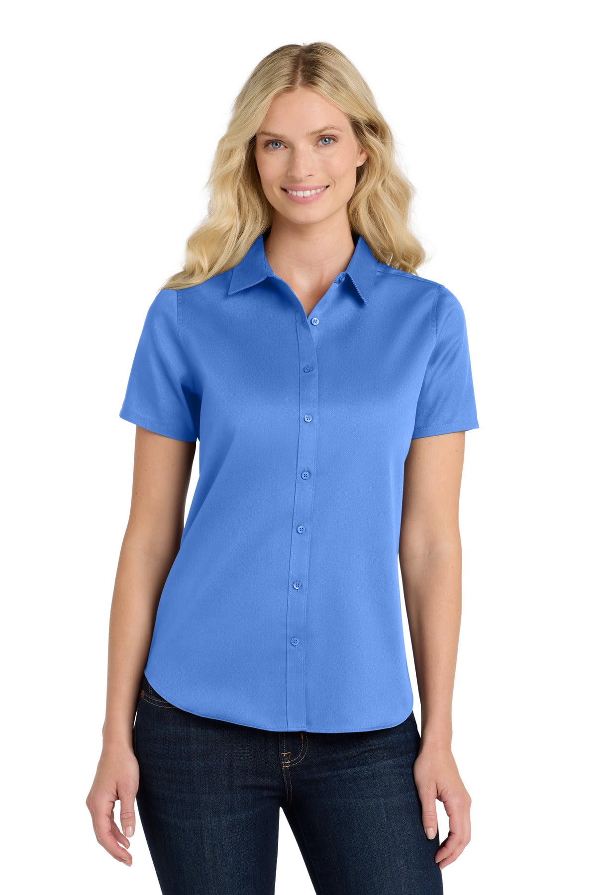 Custom Ultramarine Blue Short Sleeve SuperPro ReactTwill Shirt LW809, personalized by SanCanDo Swag in Argyle, TX