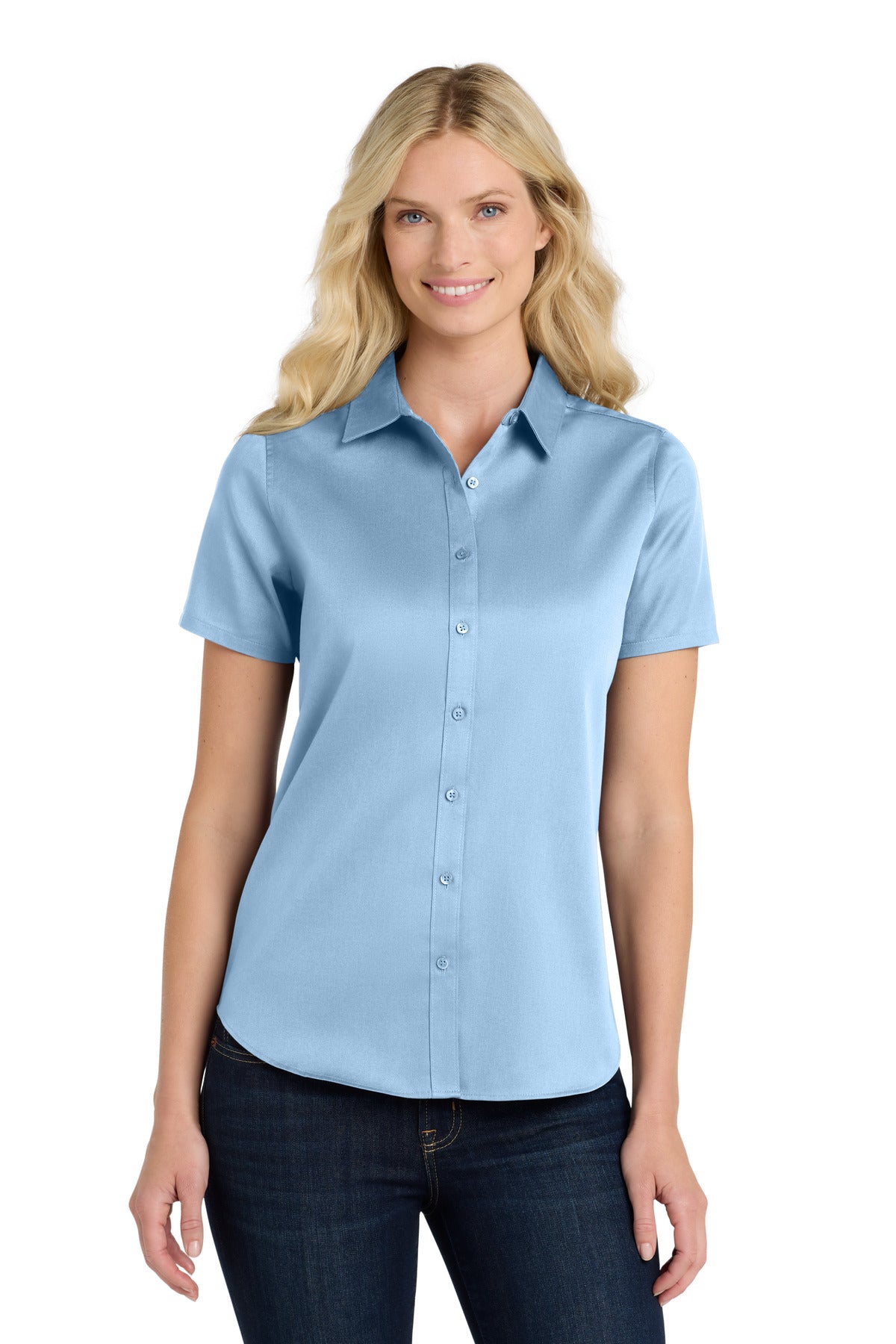 Custom Cloud Blue Short Sleeve SuperPro ReactTwill Shirt LW809, personalized by SanCanDo Swag in Argyle, TX