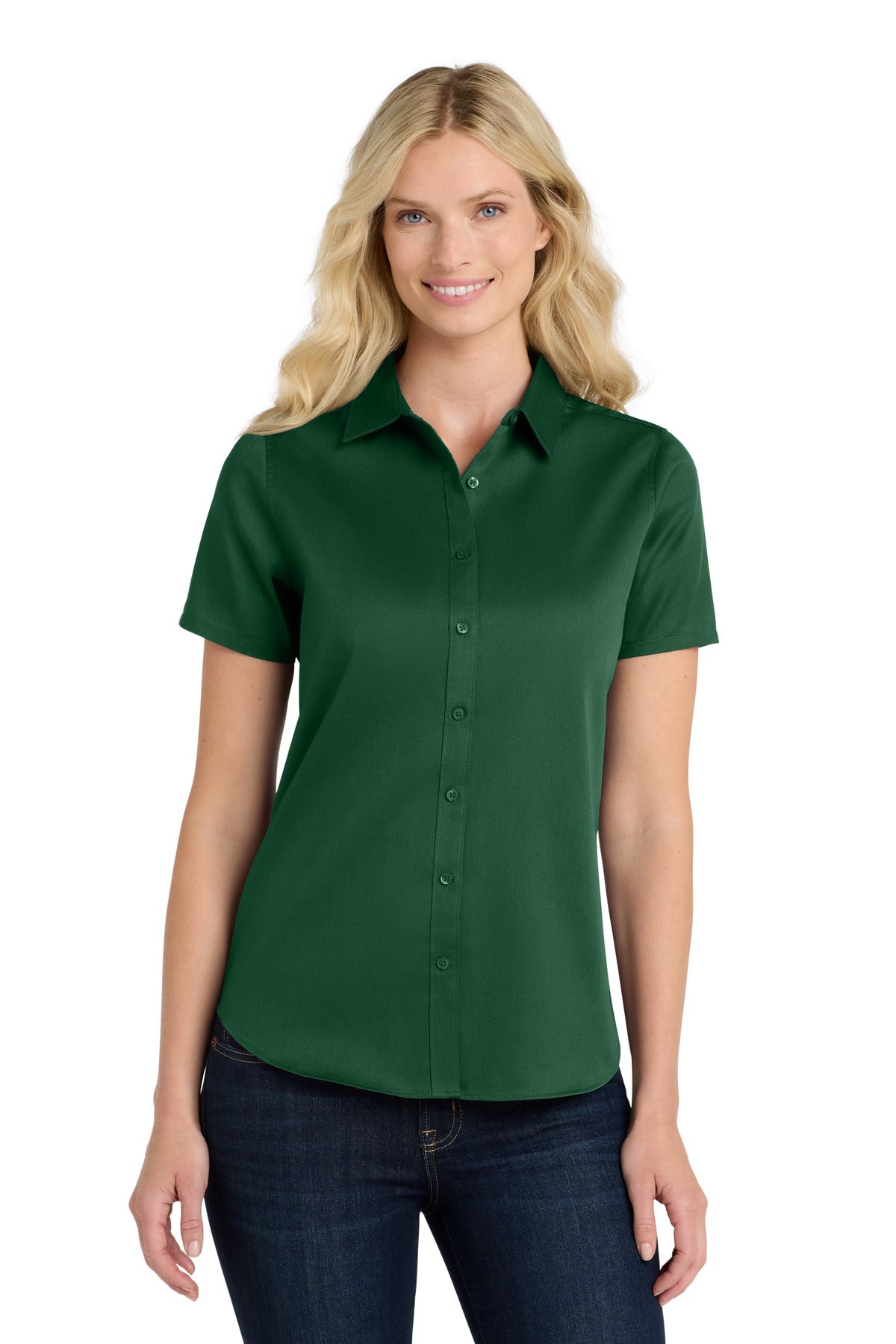 Custom Dark Green Short Sleeve SuperPro ReactTwill Shirt LW809, personalized by SanCanDo Swag in Argyle, TX