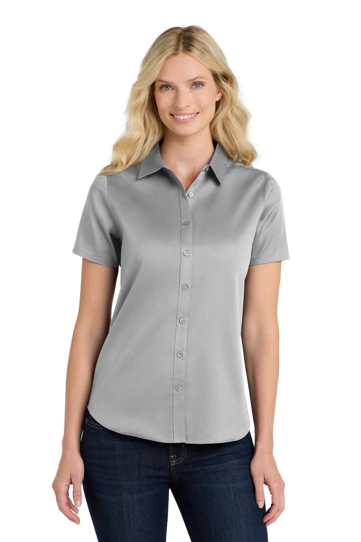 Custom Gusty Grey Short Sleeve SuperPro ReactTwill Shirt LW809, personalized by SanCanDo Swag in Argyle, TX