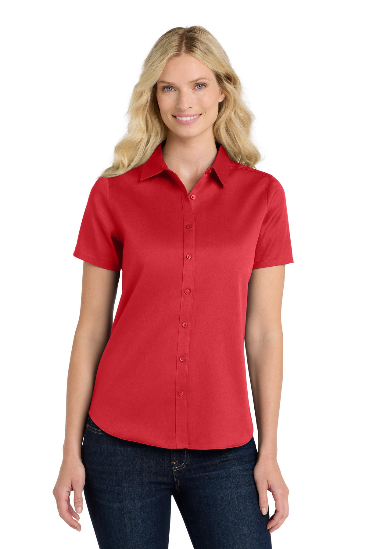 Custom Rich Red Short Sleeve SuperPro ReactTwill Shirt LW809, personalized by SanCanDo Swag in Argyle, TX