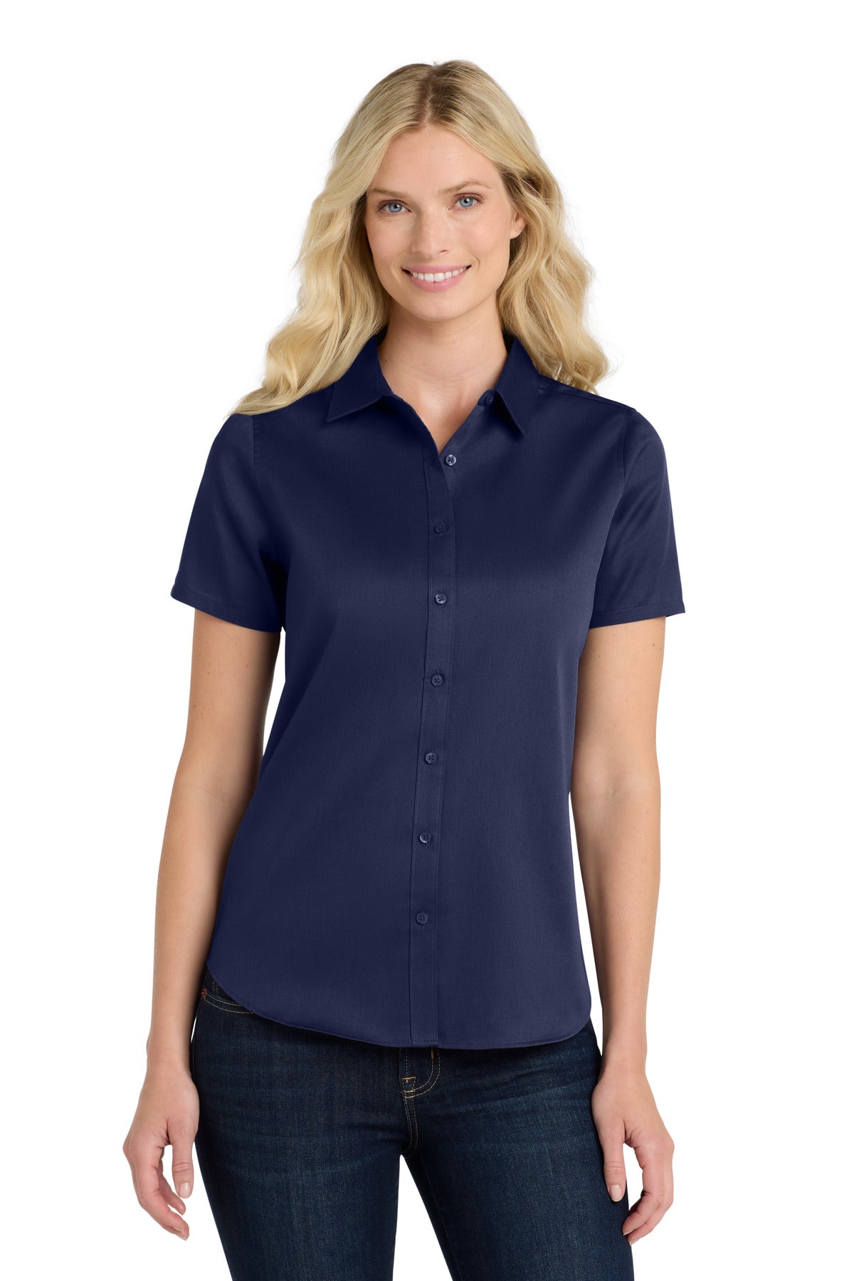 Custom True Navy Short Sleeve SuperPro ReactTwill Shirt LW809, personalized by SanCanDo Swag in Argyle, TX