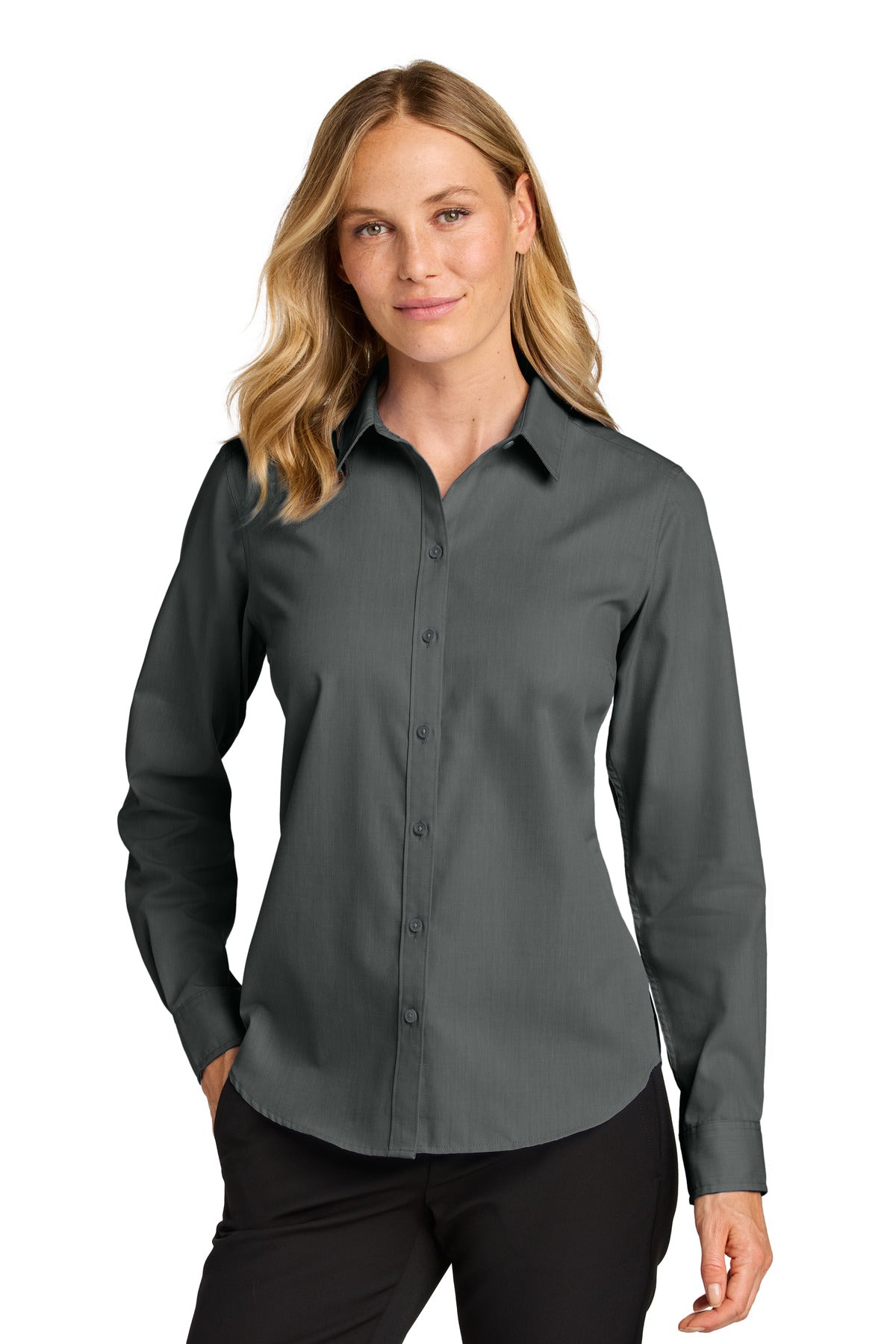 Custom Deep Black Long Sleeve Nailhead Easy Care Shirt LW816, personalized by SanCanDo Swag in Argyle, TX