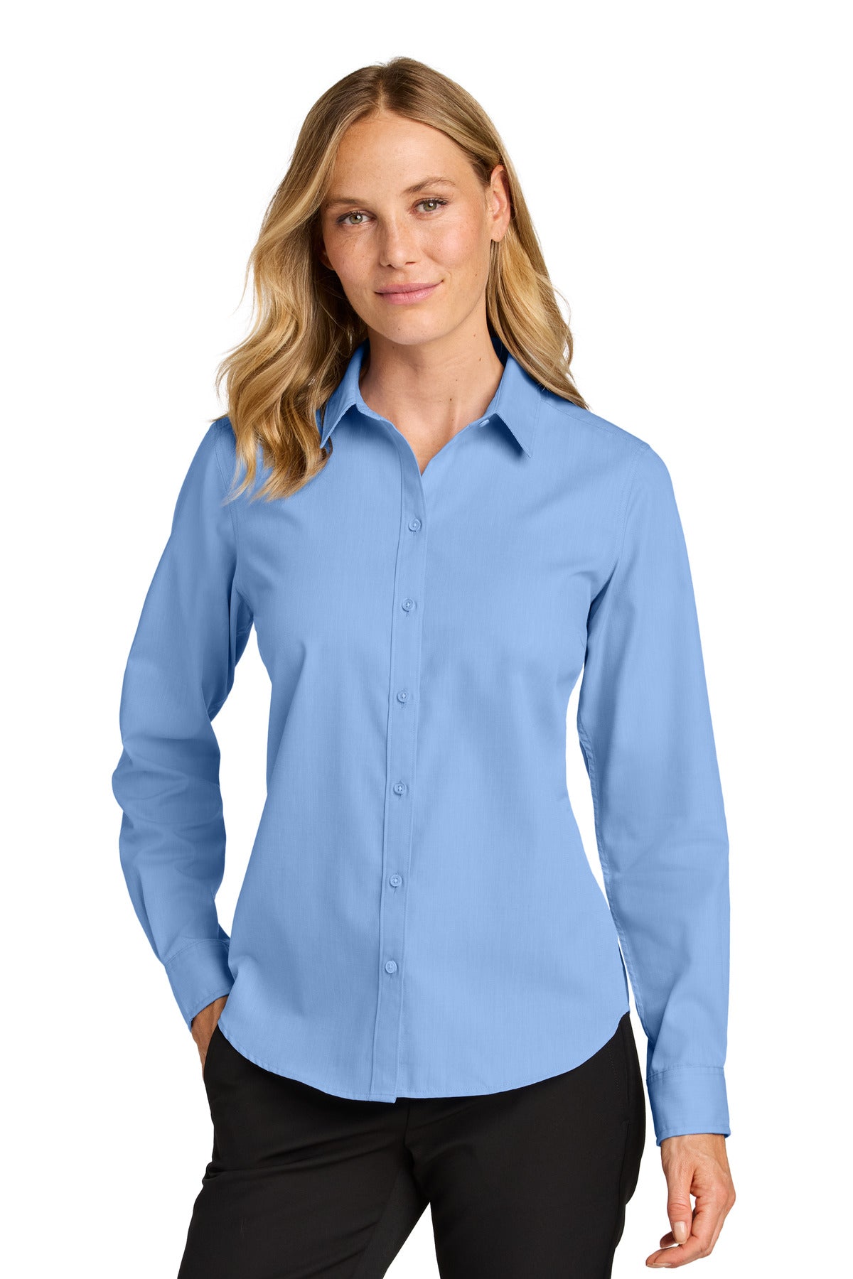 Custom Swiss Blue Long Sleeve Nailhead Easy Care Shirt LW816, personalized by SanCanDo Swag in Argyle, TX