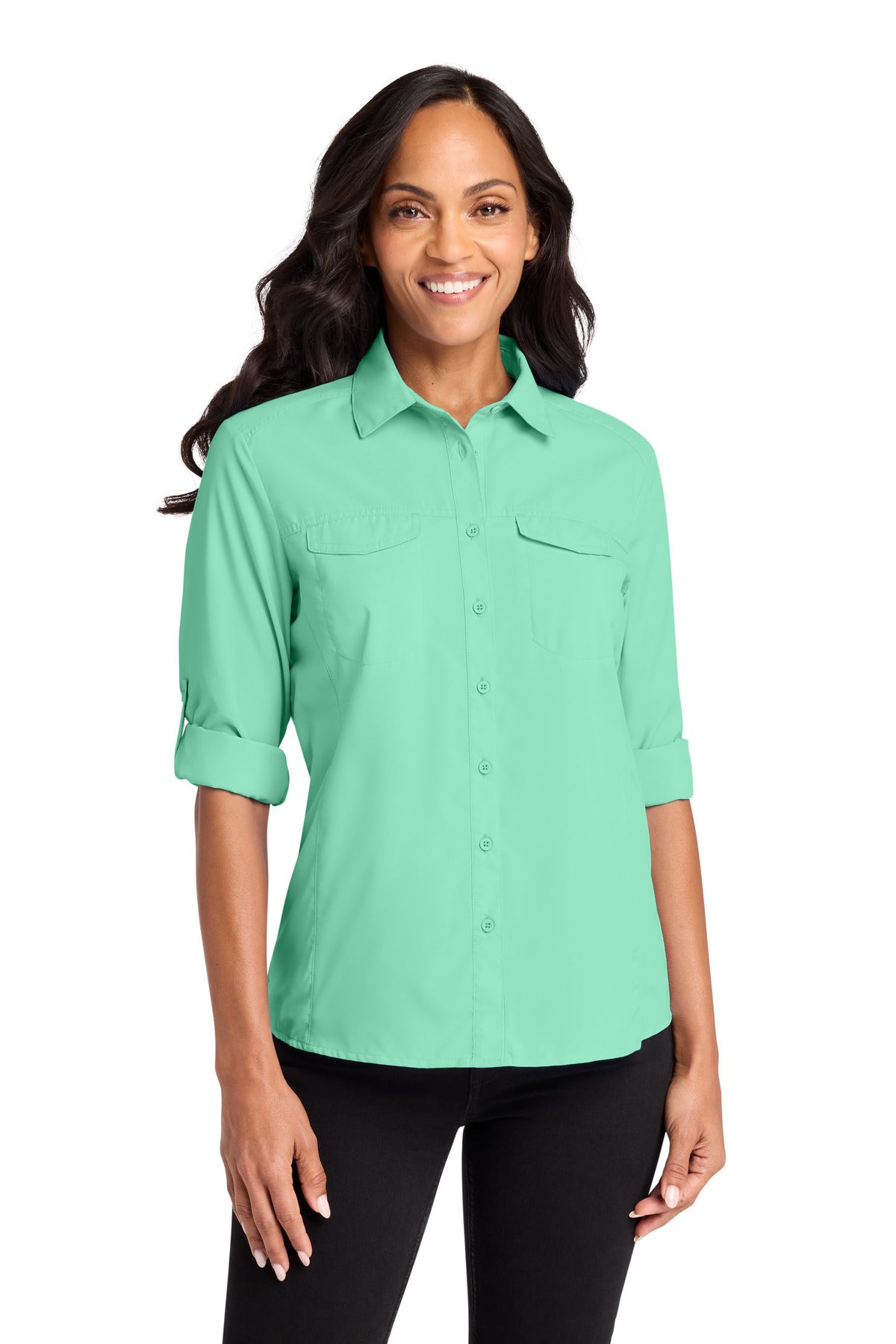 Custom Bright Seafoam Women's Long Sleeve UV Daybreak Shirt LW960, personalized by SanCanDo Swag in Argyle, TX