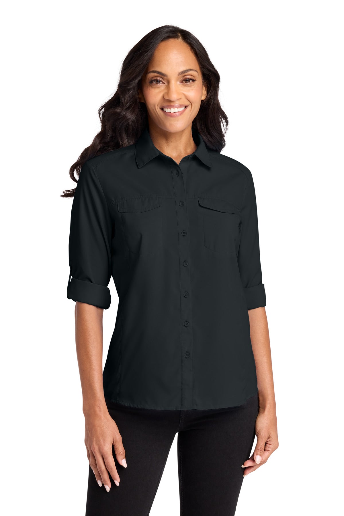 Custom Deep Black Women's Long Sleeve UV Daybreak Shirt LW960, personalized by SanCanDo Swag in Argyle, TX