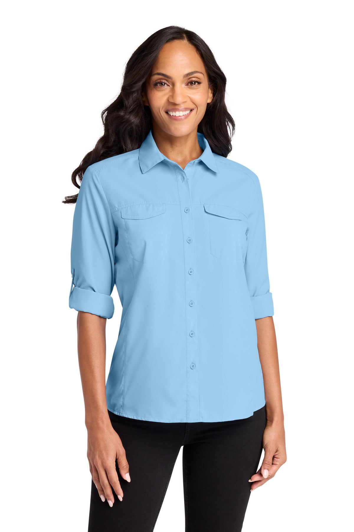 Custom Light Blue Women's Long Sleeve UV Daybreak Shirt LW960, personalized by SanCanDo Swag in Argyle, TX