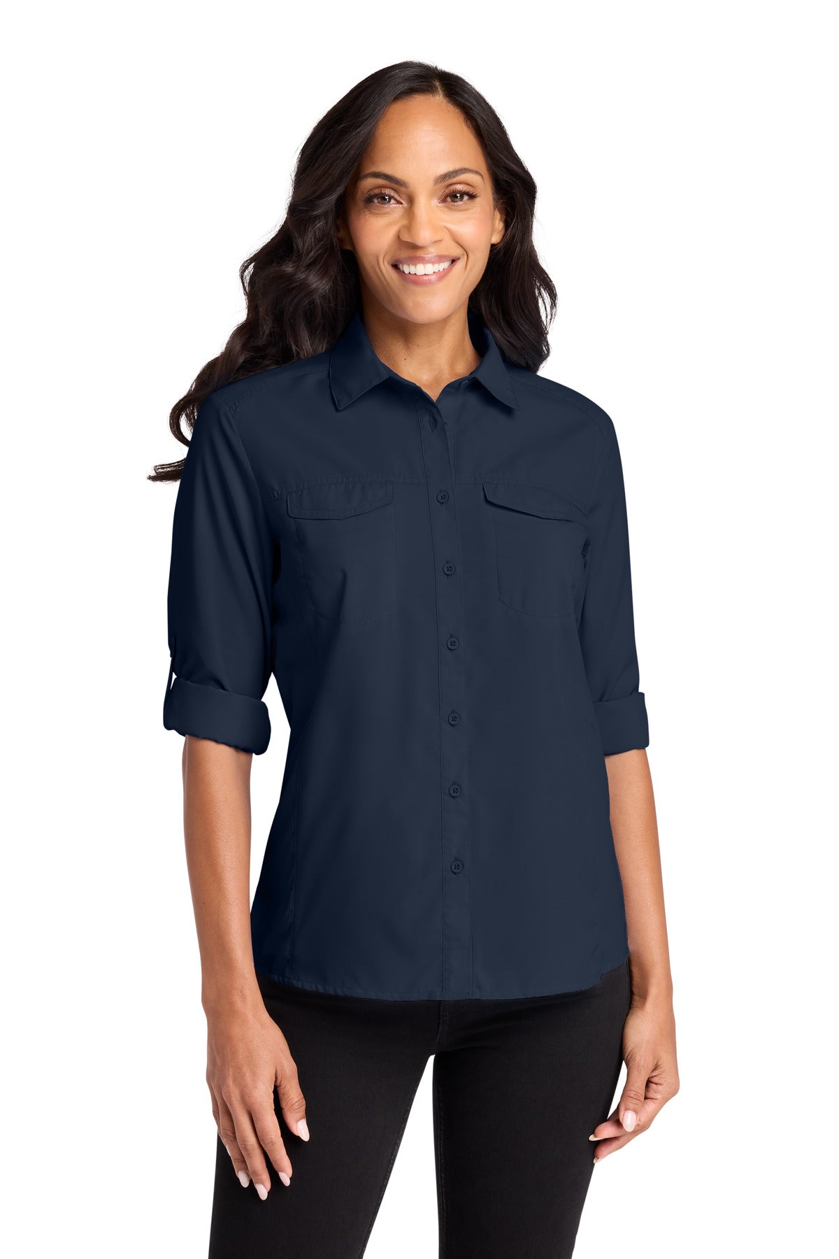 Custom True Navy Women's Long Sleeve UV Daybreak Shirt LW960, personalized by SanCanDo Swag in Argyle, TX