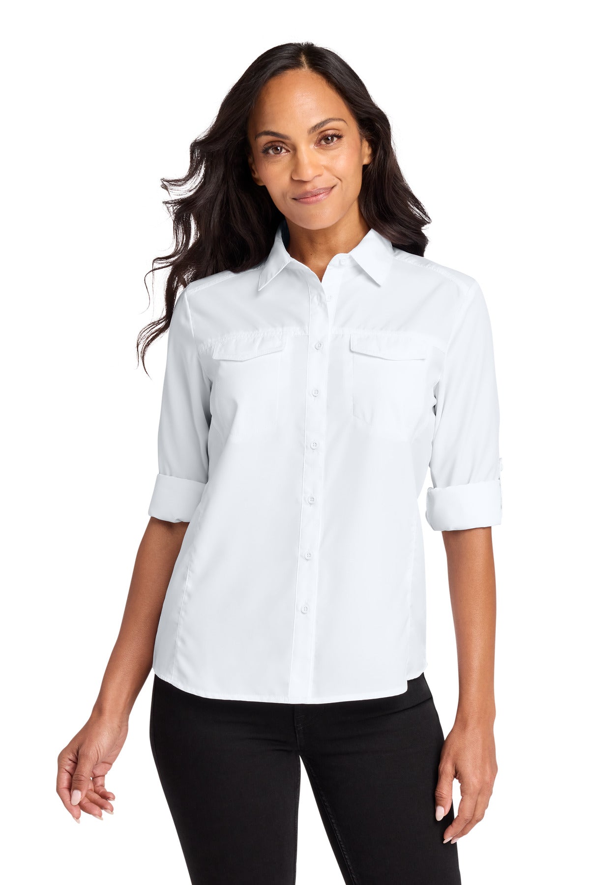 Custom White Women's Long Sleeve UV Daybreak Shirt LW960, personalized by SanCanDo Swag in Argyle, TX