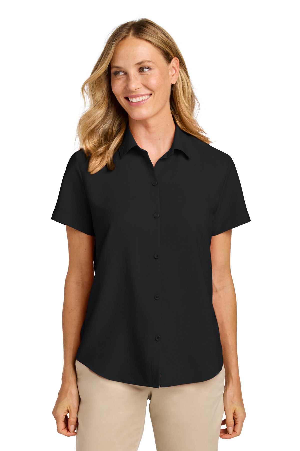 Custom Deep Black Women's Short Sleeve UV Dockside Shirt LW963, personalized by SanCanDo Swag in Argyle, TX