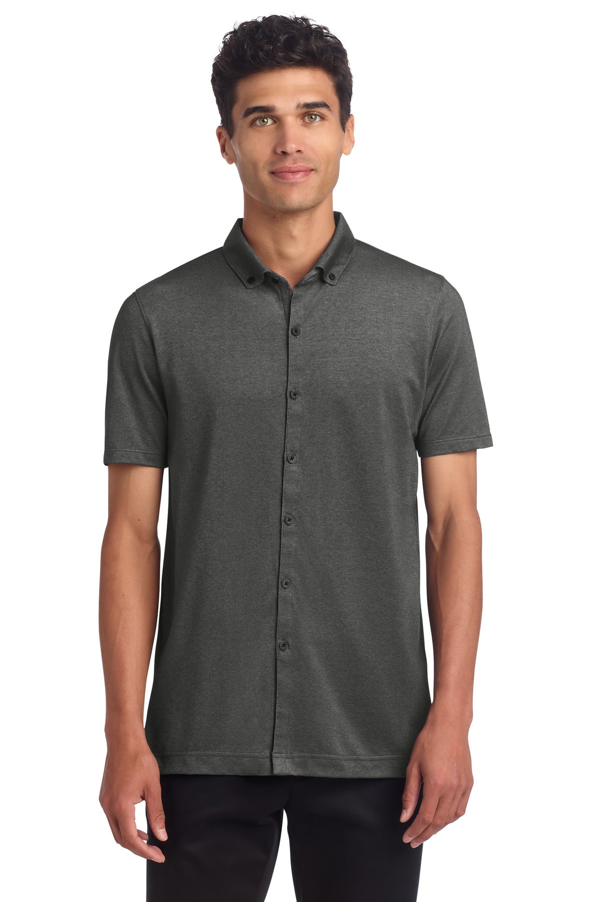 Custom Anchor Grey Heather Stretch Pique Full-Button Polo MM1006, personalized by SanCanDo Swag in Argyle, TX