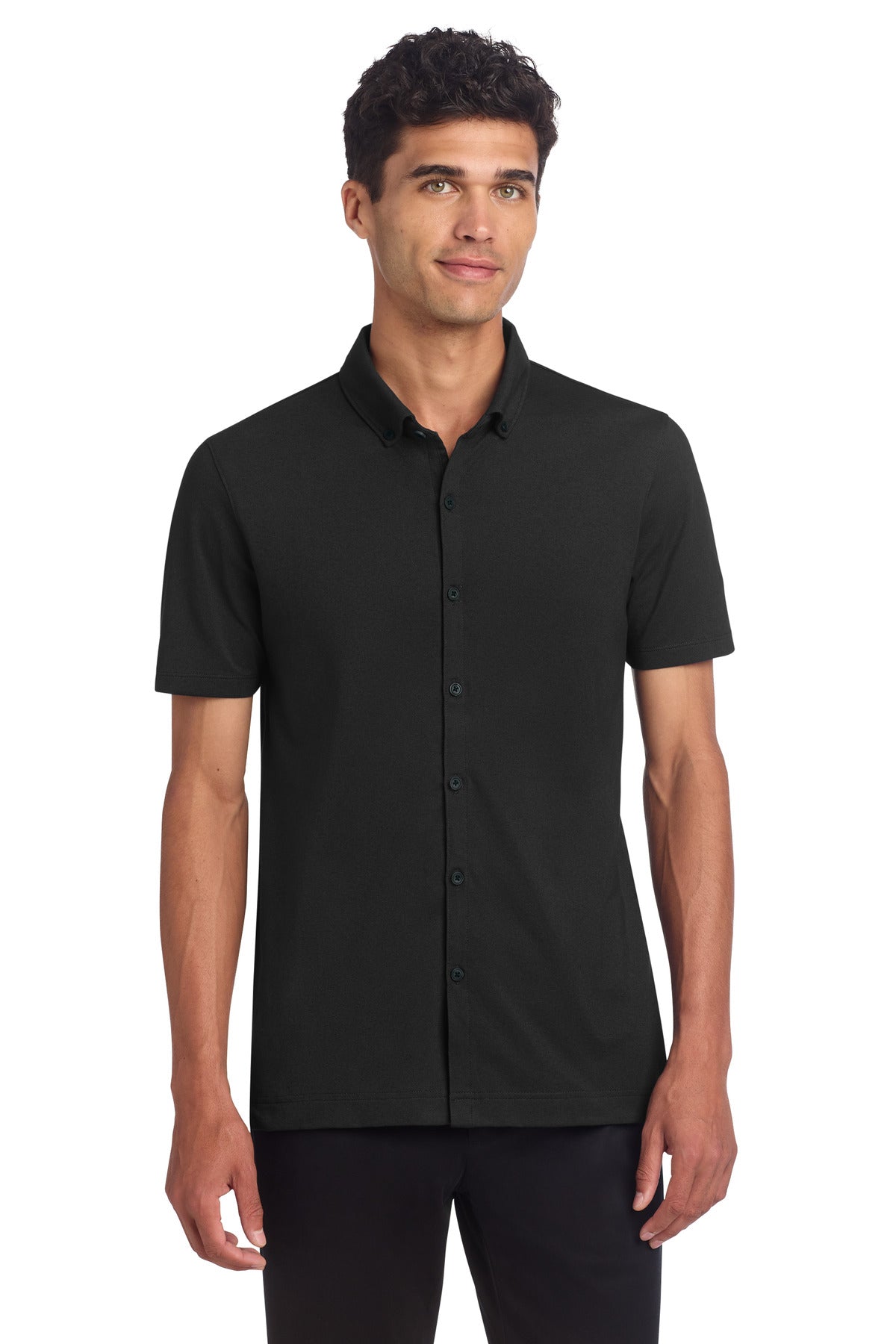 Custom Deep Black Stretch Pique Full-Button Polo MM1006, personalized by SanCanDo Swag in Argyle, TX