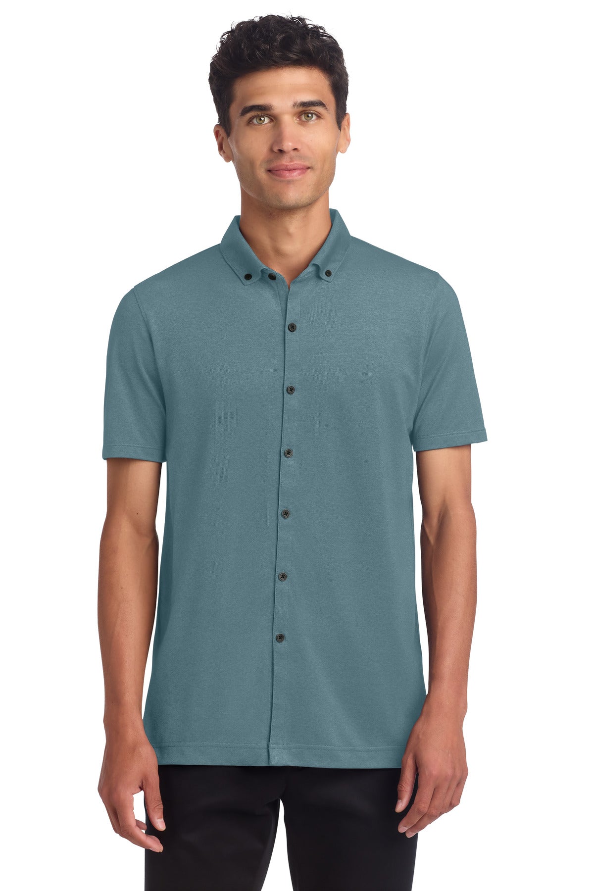 Custom Parisian Blue Heather Stretch Pique Full-Button Polo MM1006, personalized by SanCanDo Swag in Argyle, TX
