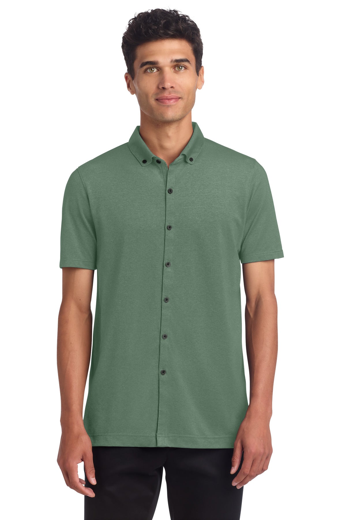 Custom Sage Heather Stretch Pique Full-Button Polo MM1006, personalized by SanCanDo Swag in Argyle, TX