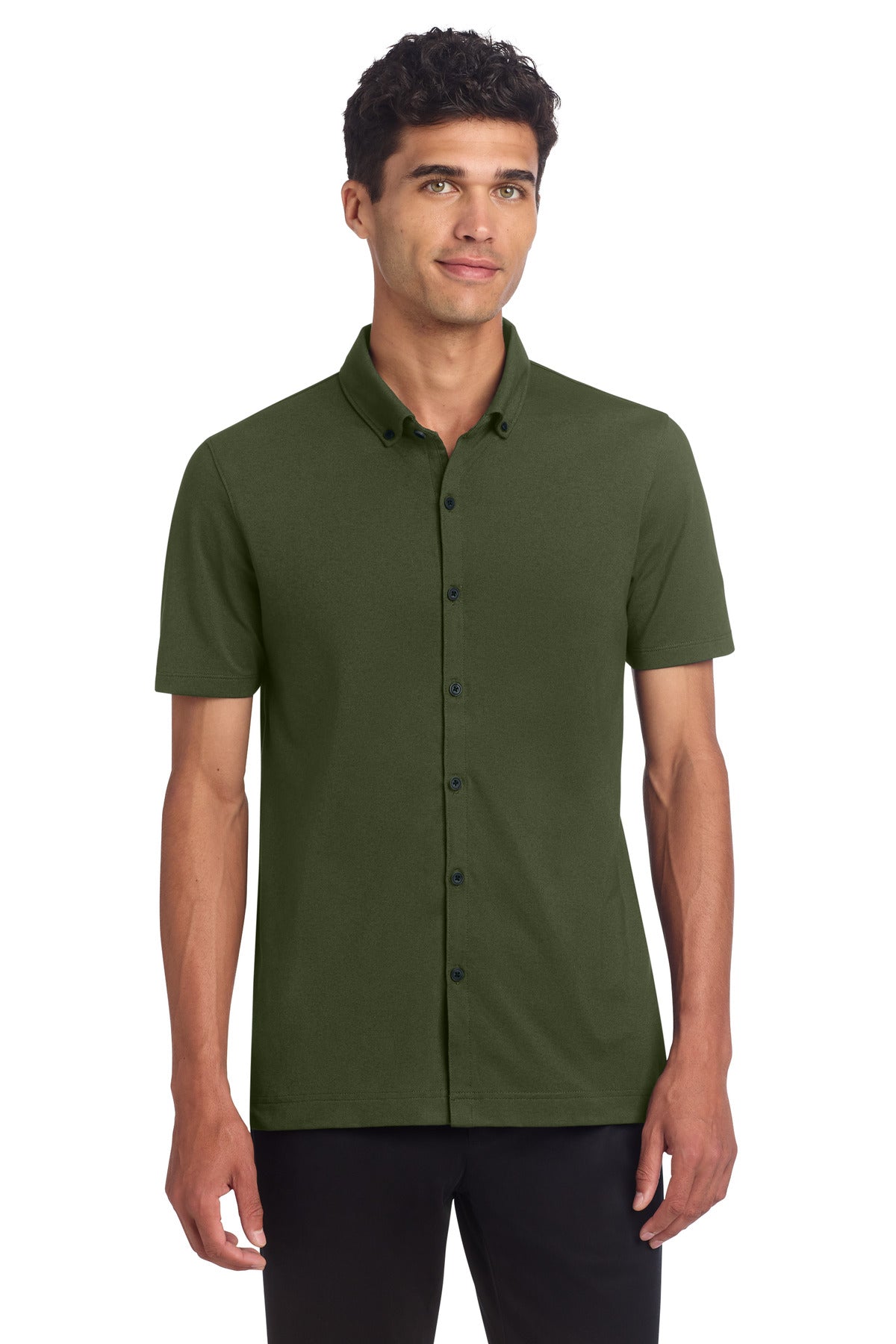 Custom Townsend Green Stretch Pique Full-Button Polo MM1006, personalized by SanCanDo Swag in Argyle, TX