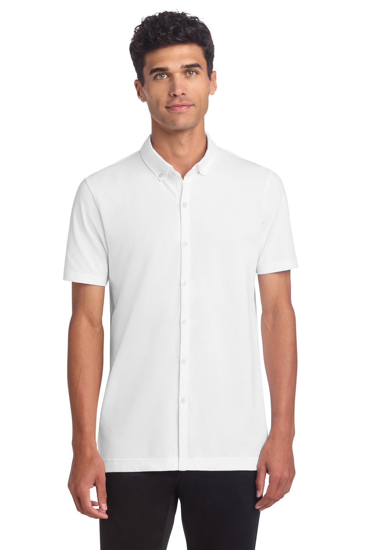 Custom White Stretch Pique Full-Button Polo MM1006, personalized by SanCanDo Swag in Argyle, TX