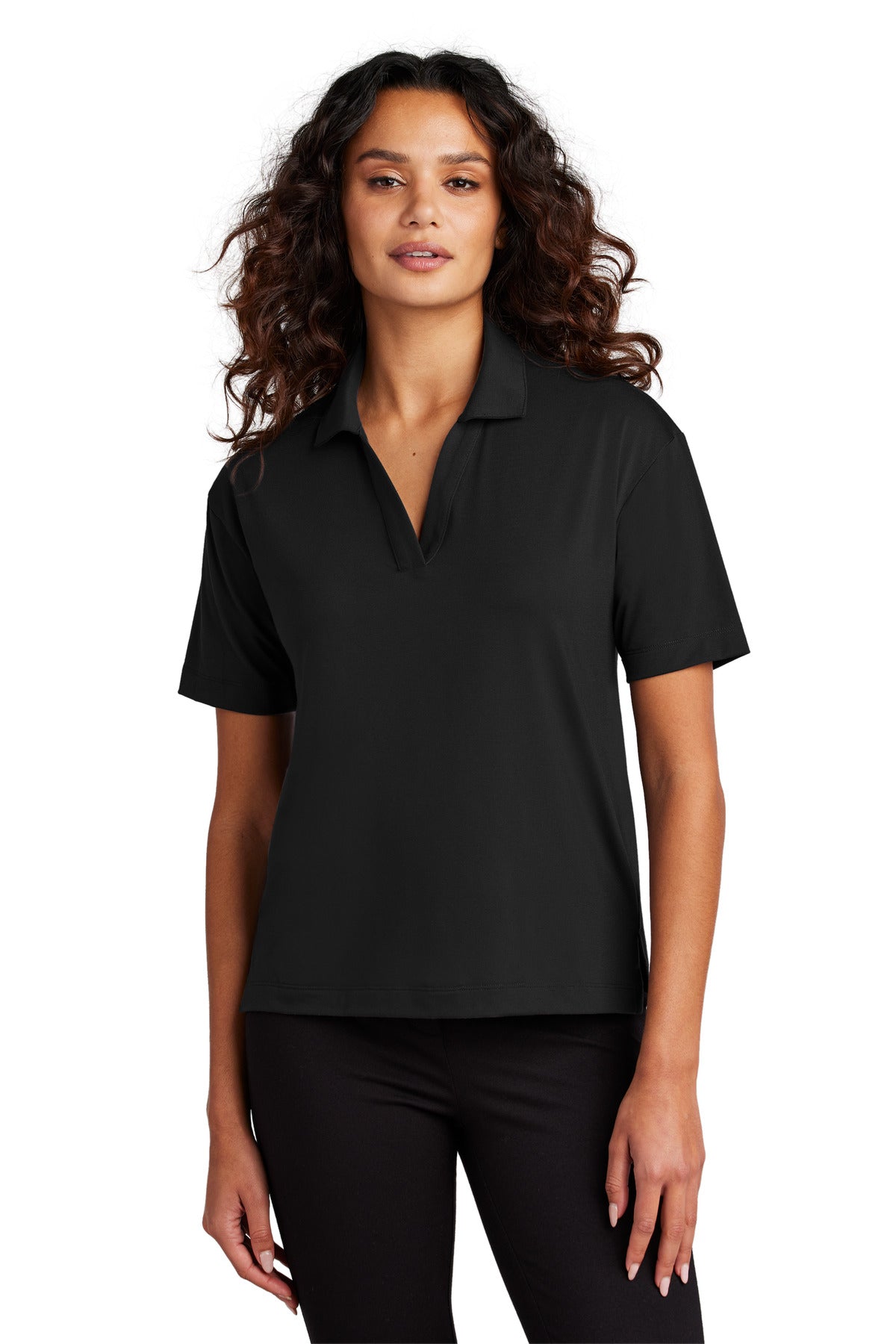 Custom Deep Black Women's Stretch Jersey Polo MM1015, personalized by SanCanDo Swag in Argyle, TX