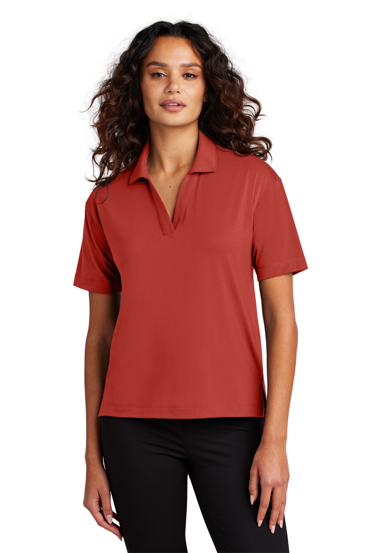 Custom Terracotta Women's Stretch Jersey Polo MM1015, personalized by SanCanDo Swag in Argyle, TX
