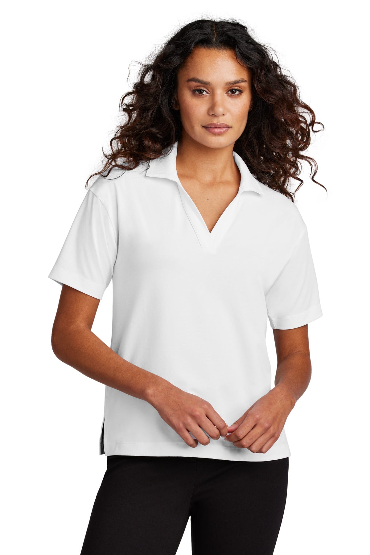 Custom White Women's Stretch Jersey Polo MM1015, personalized by SanCanDo Swag in Argyle, TX