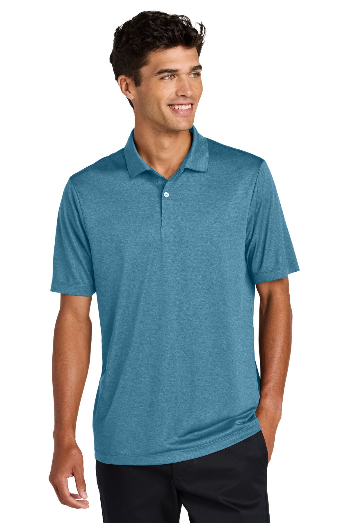 Custom Harbor Blue Heather Recharge Jersey Polo MM1020, personalized by SanCanDo Swag in Argyle, TX