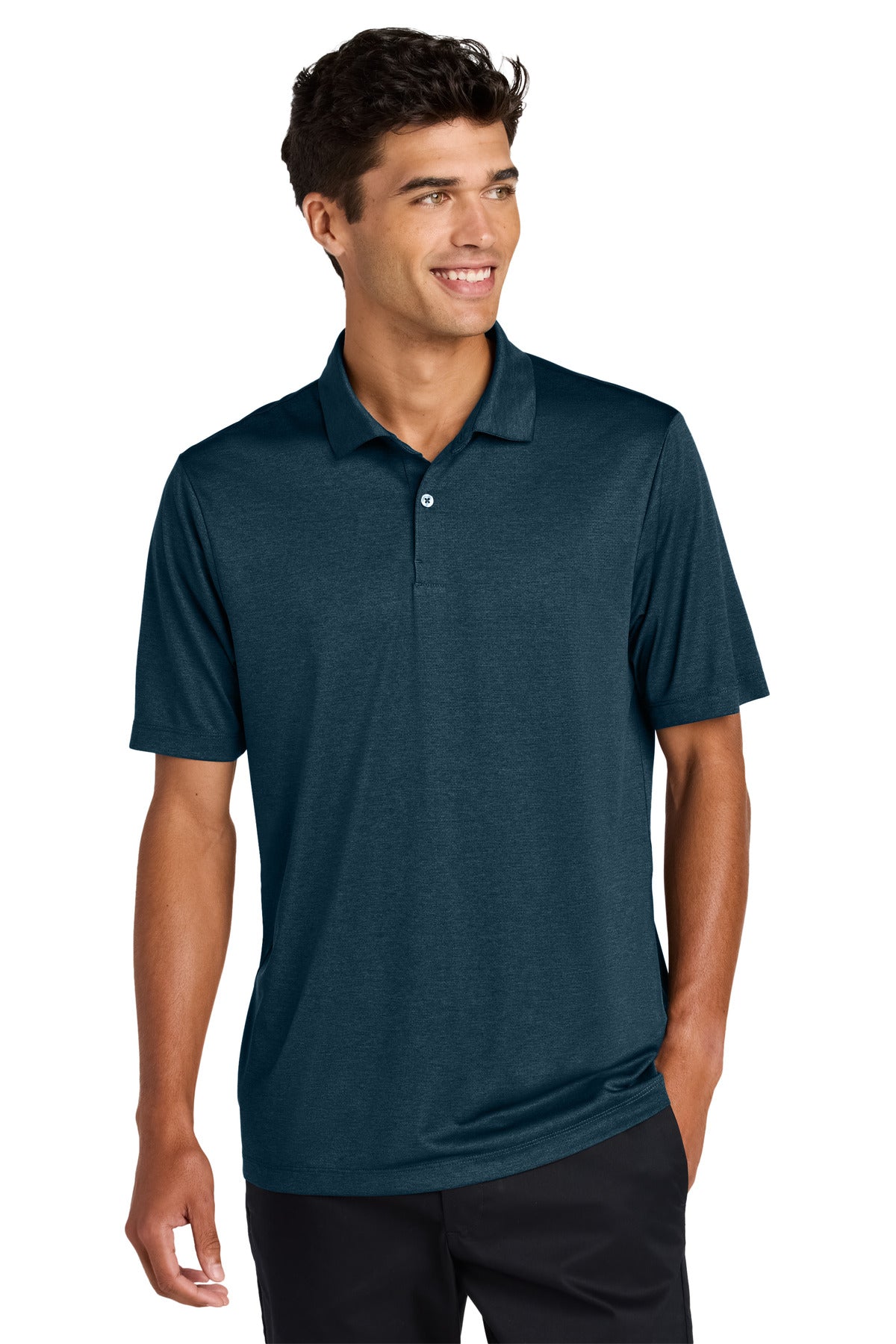 Custom Insignia Blue Heather Recharge Jersey Polo MM1020, personalized by SanCanDo Swag in Argyle, TX