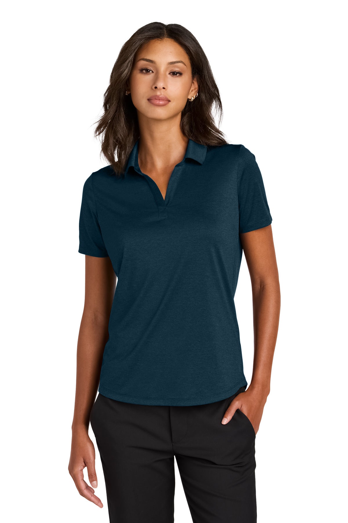 Custom Insignia Blue Heather Women's Recharge Jersey Polo MM1021, personalized by SanCanDo Swag in Argyle, TX