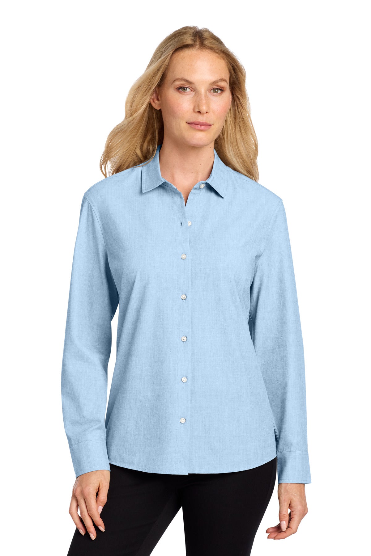 Custom Air Blue End On End Women's Long Sleeve Stretch Woven Shirt MM2001, personalized by SanCanDo Swag in Argyle, TX