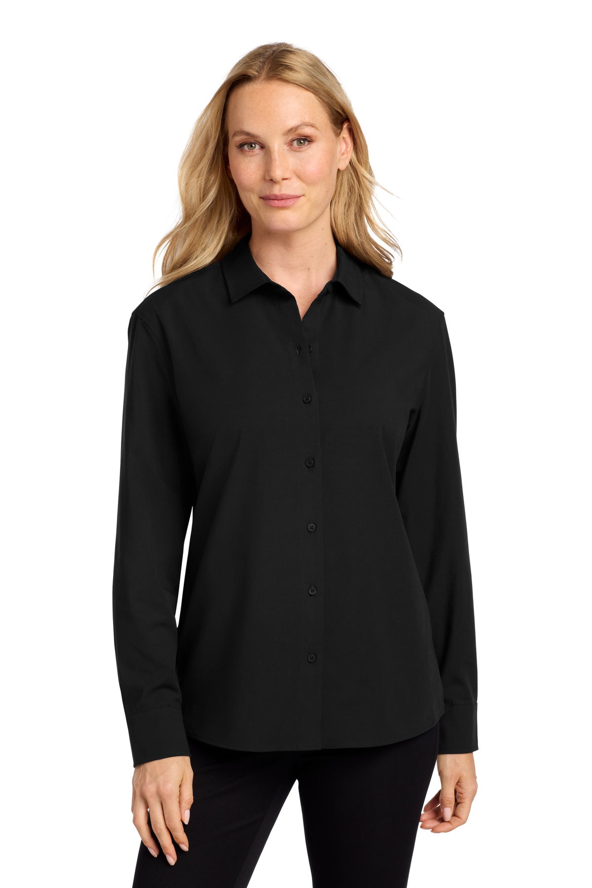Custom Deep Black Women's Long Sleeve Stretch Woven Shirt MM2001, personalized by SanCanDo Swag in Argyle, TX