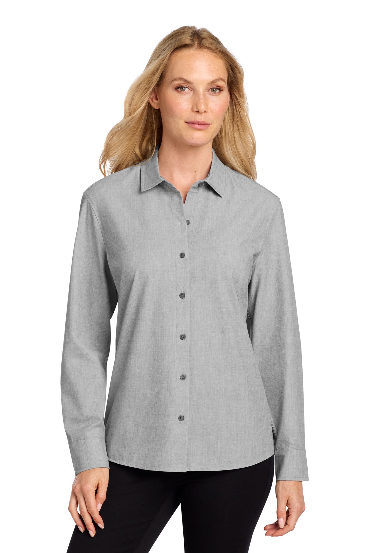 Custom Gusty Grey End On End Women's Long Sleeve Stretch Woven Shirt MM2001, personalized by SanCanDo Swag in Argyle, TX