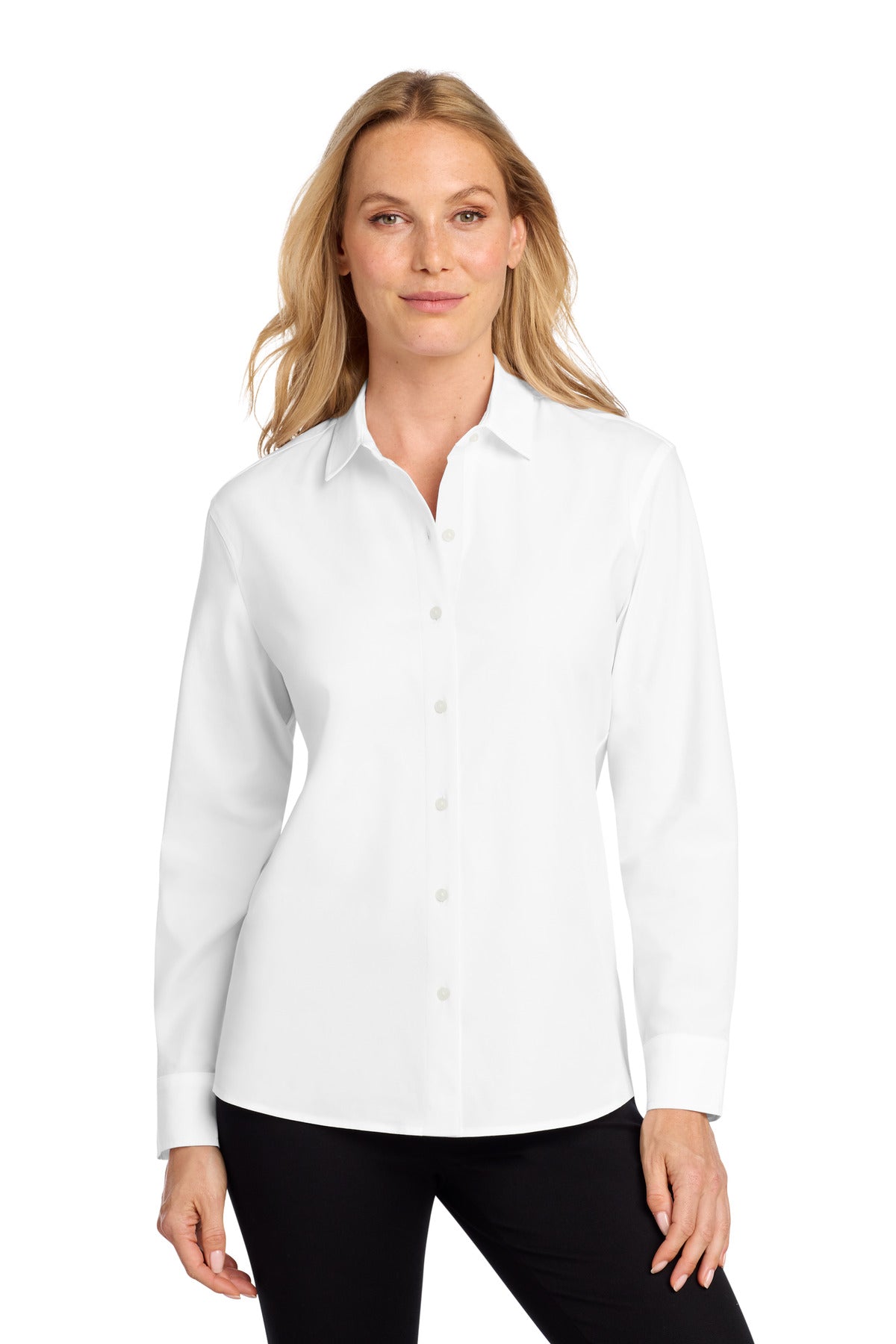 Custom White Women's Long Sleeve Stretch Woven Shirt MM2001, personalized by SanCanDo Swag in Argyle, TX