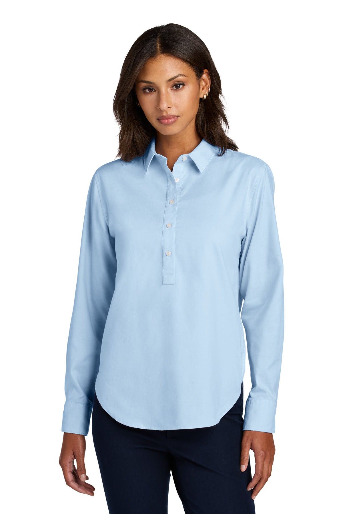 Custom Light Blue Women's Long Sleeve Modern Oxford Shirt MM2003, personalized by SanCanDo Swag in Argyle, TX