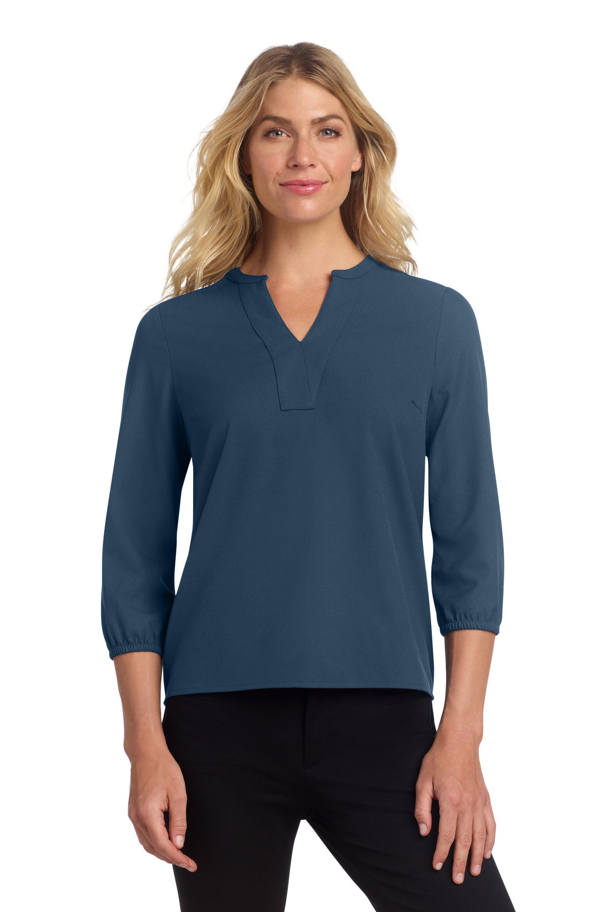 Custom Insignia Blue Women's Stretch Crepe 3/4-Sleeve Blouse MM2011, personalized by SanCanDo Swag in Argyle, TX
