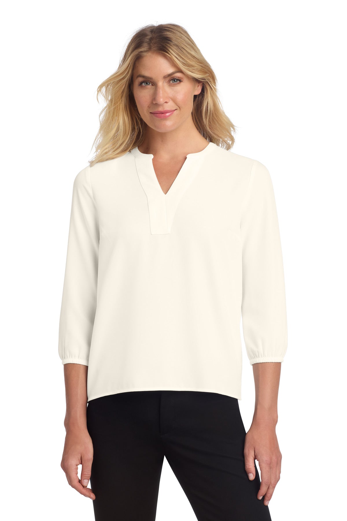 Custom Ivory Chiffon Women's Stretch Crepe 3/4-Sleeve Blouse MM2011, personalized by SanCanDo Swag in Argyle, TX