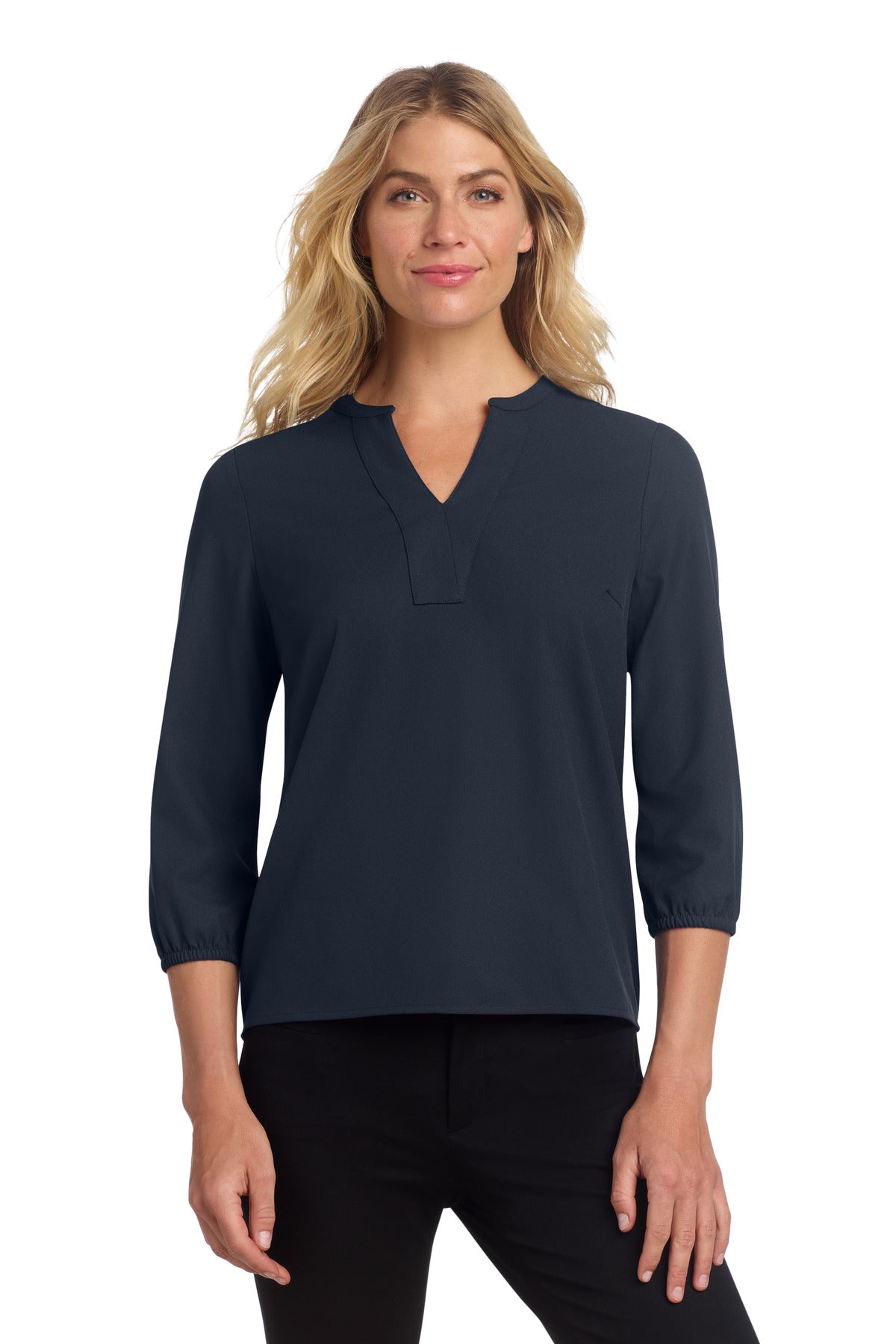 Custom Night Navy Women's Stretch Crepe 3/4-Sleeve Blouse MM2011, personalized by SanCanDo Swag in Argyle, TX