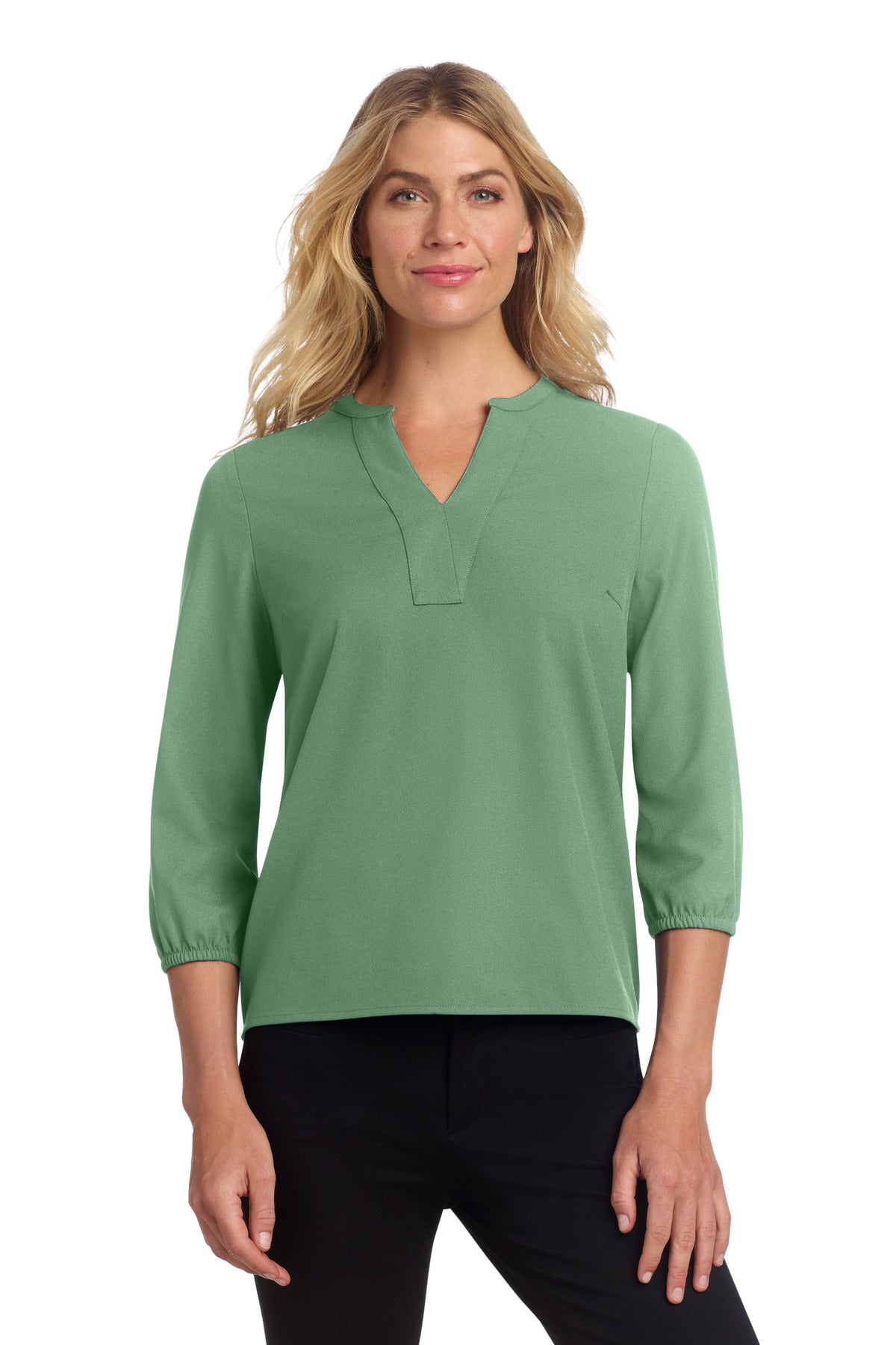 Custom Sage Women's Stretch Crepe 3/4-Sleeve Blouse MM2011, personalized by SanCanDo Swag in Argyle, TX
