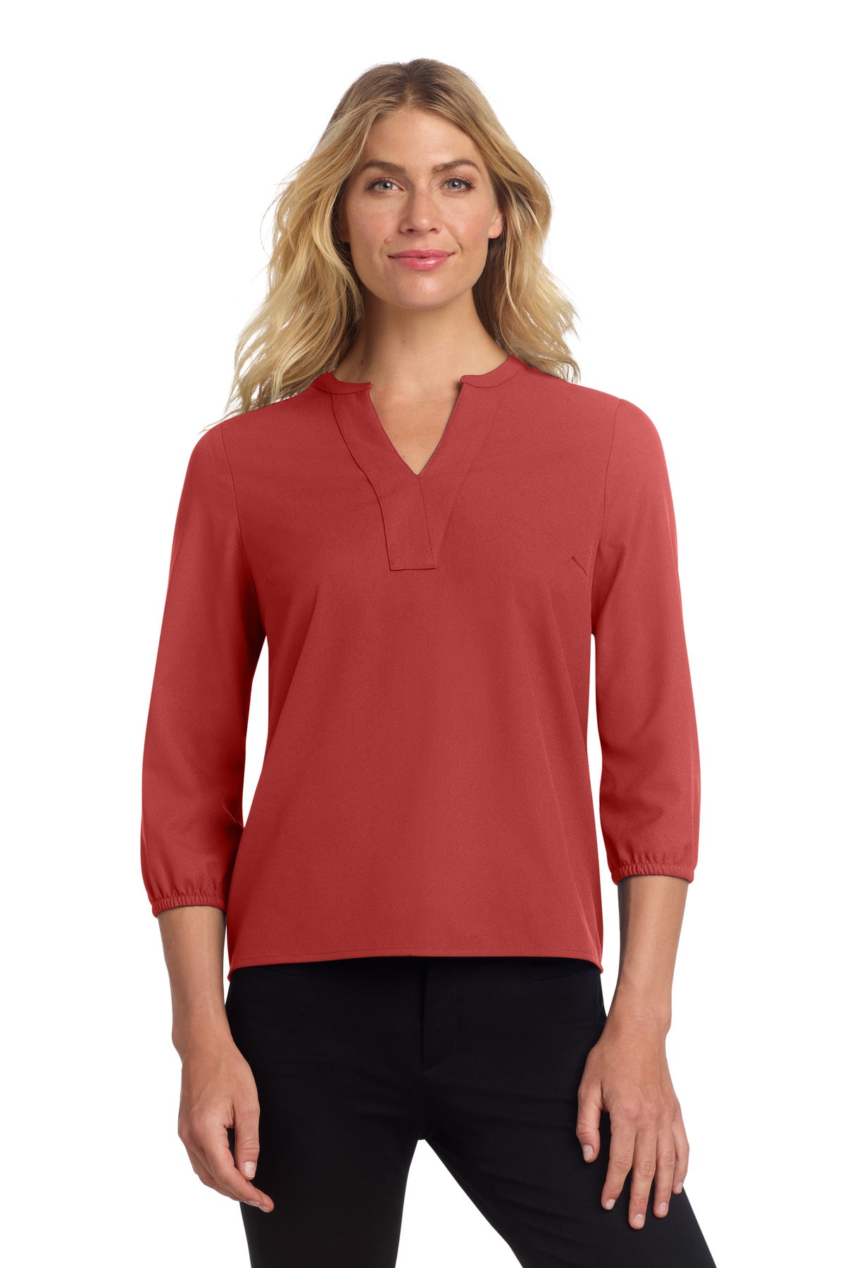 Custom Terracotta Women's Stretch Crepe 3/4-Sleeve Blouse MM2011, personalized by SanCanDo Swag in Argyle, TX