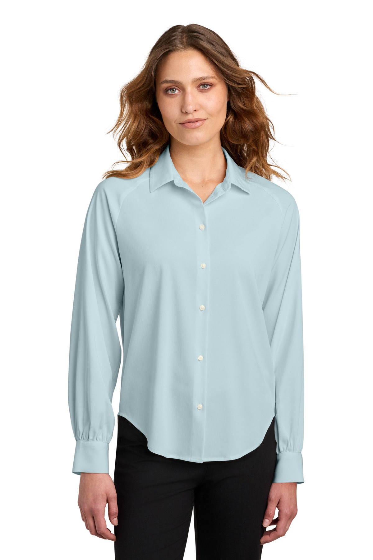 Custom Celestial Blue Women's Long Sleeve Buttery Soft Blouse MM2017, personalized by SanCanDo Swag in Argyle, TX