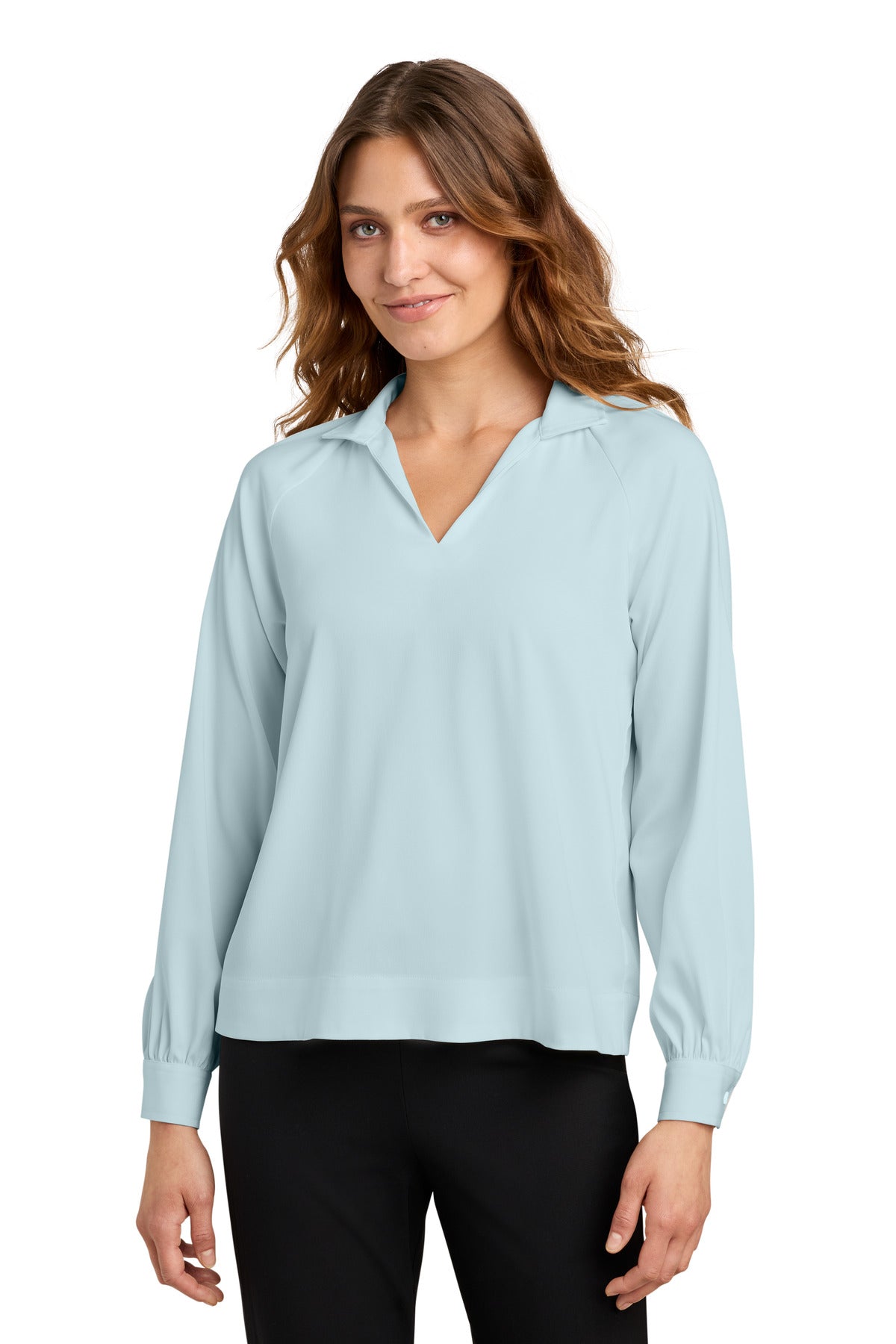Custom Celestial Blue Long Sleeve Buttery Soft Popover Blouse MM2019, personalized by SanCanDo Swag in Argyle, TX